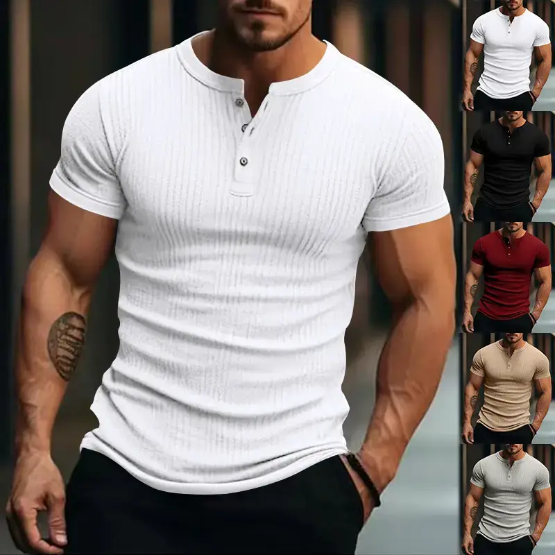Men White Knitted Short Sleeve Henry Shirt Summer Wear — feature 3