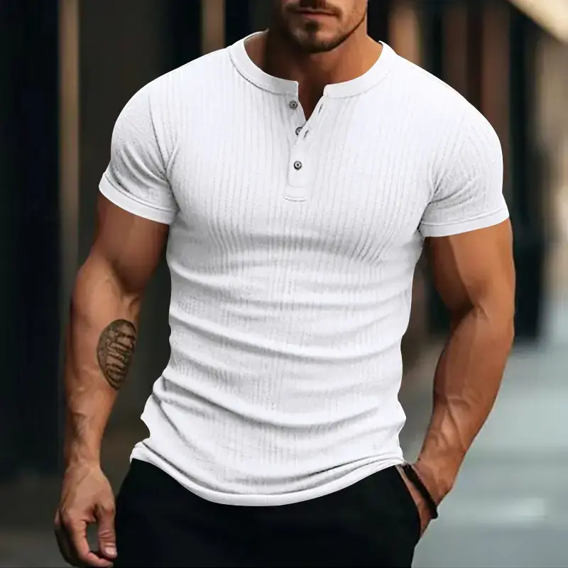 Men White Knitted Short Sleeve Henry Shirt Summer Wear — feature 8