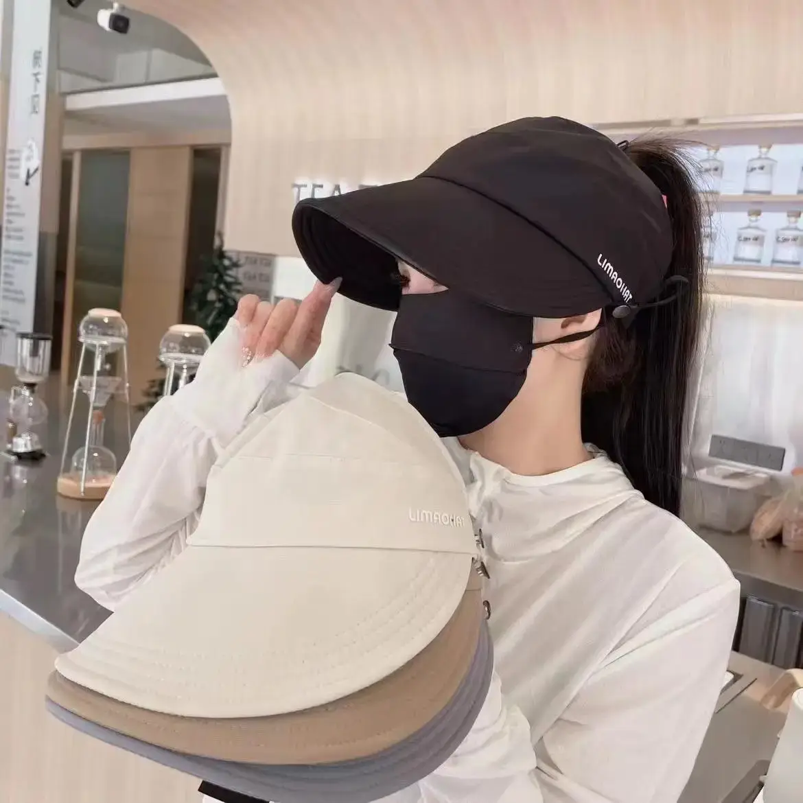 Women Black UV Face Mask Sun Hat Summer Wear — feature 5
