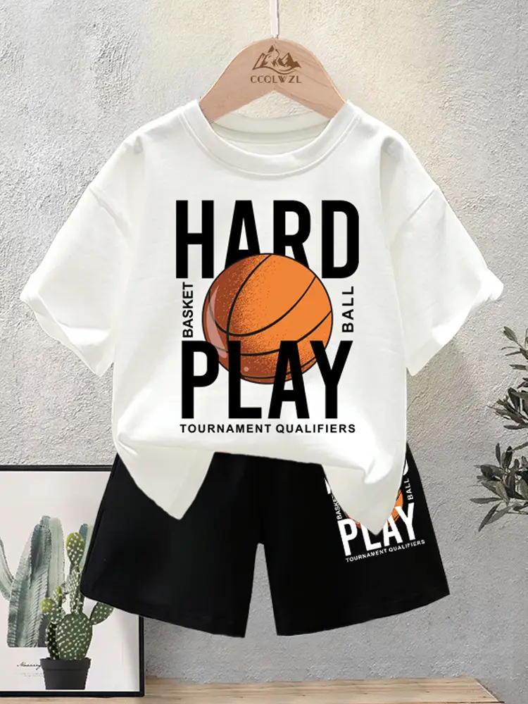 Kids Basketball Print Cotton Summer TShirt Black Shorts Set