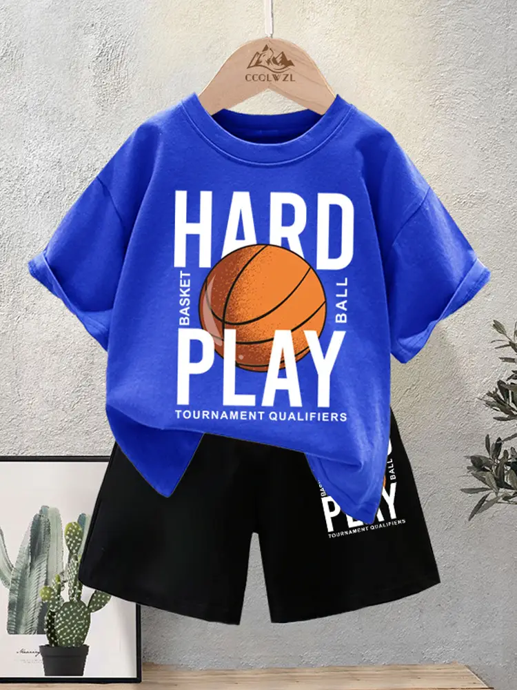 Kids Basketball Print Cotton Summer TShirt Black Shorts Set - Image 9