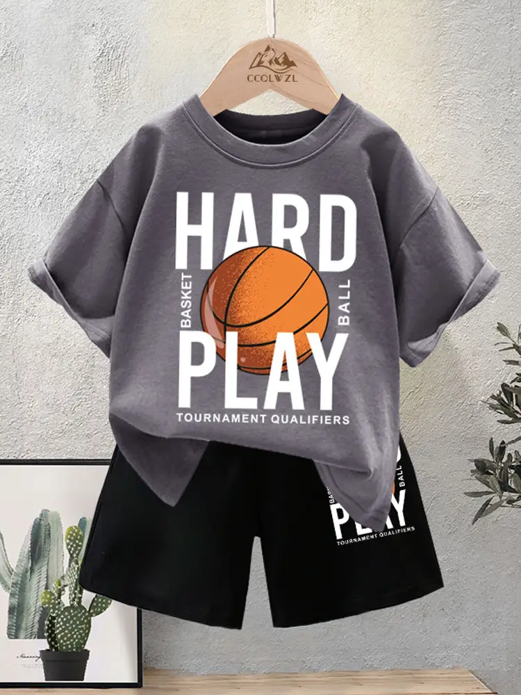 Kids Basketball Print Cotton Summer TShirt Black Shorts Set - Image 10