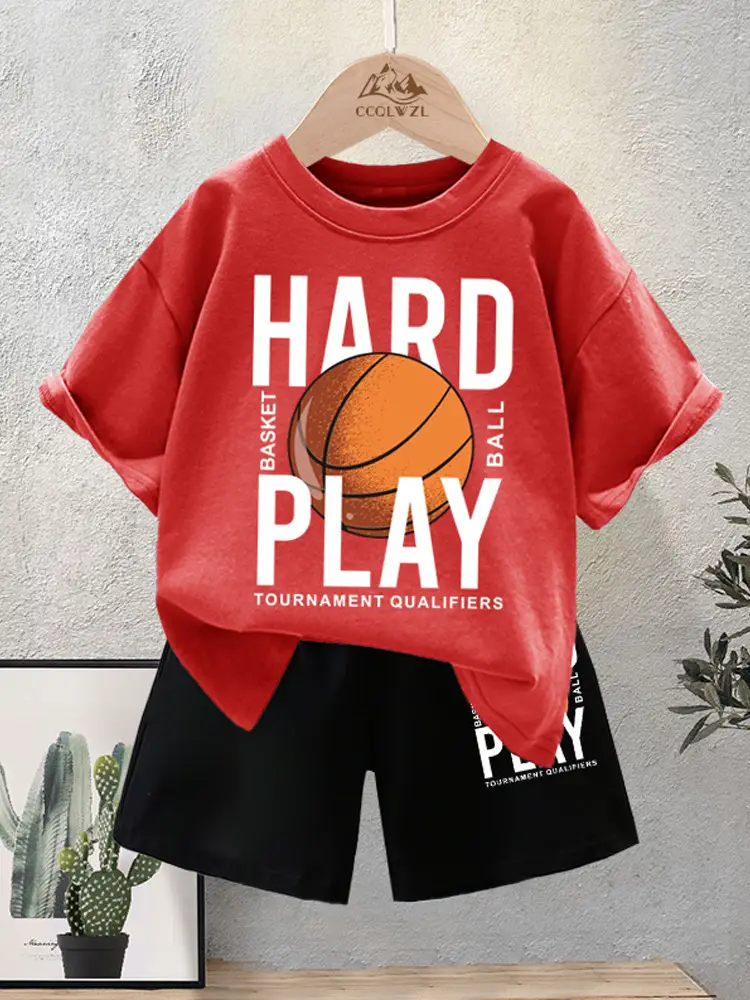 Kids Basketball Print Cotton Summer TShirt Black Shorts Set - Image 11