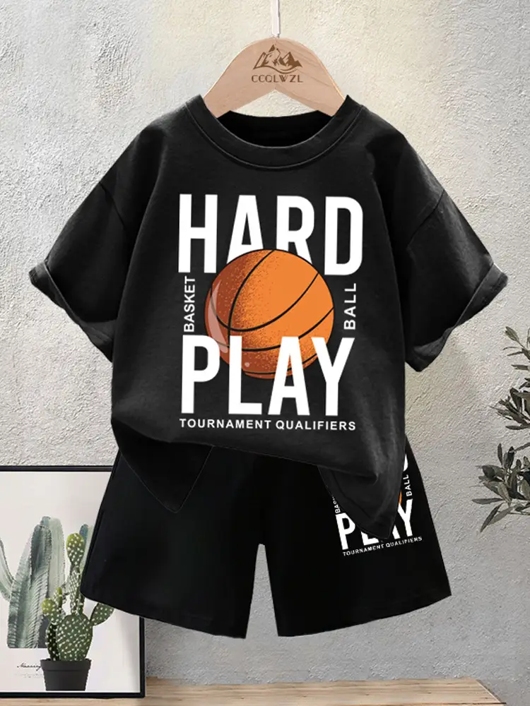 Kids Basketball Print Cotton Summer TShirt Black Shorts Set - Image 12