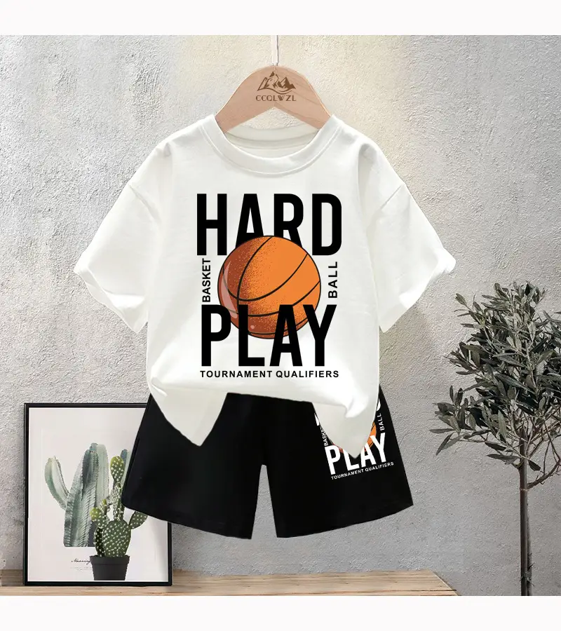 Kids Basketball Print Cotton Summer TShirt Black Shorts Set — feature 10