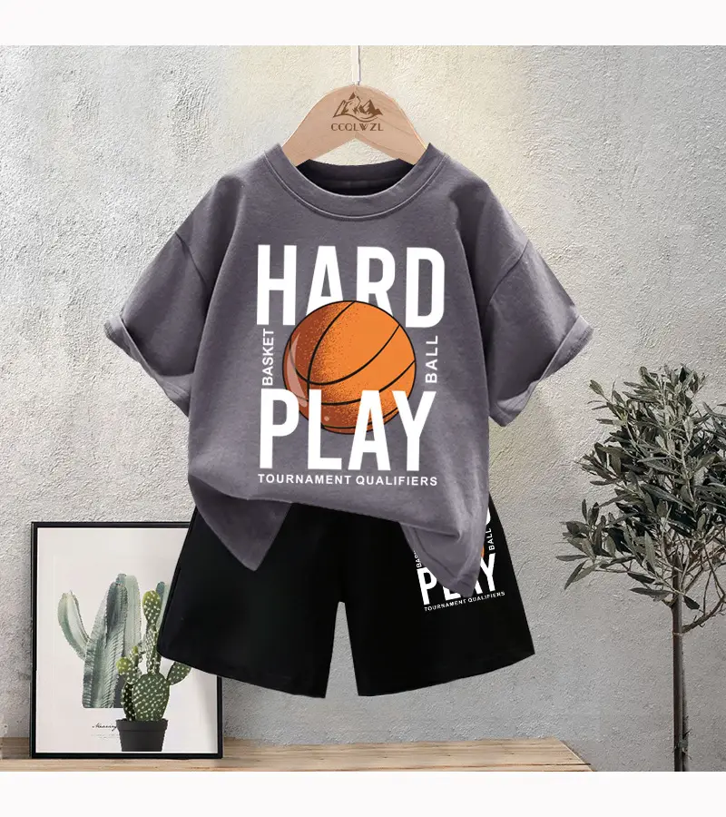 Kids Basketball Print Cotton Summer TShirt Black Shorts Set — feature 11