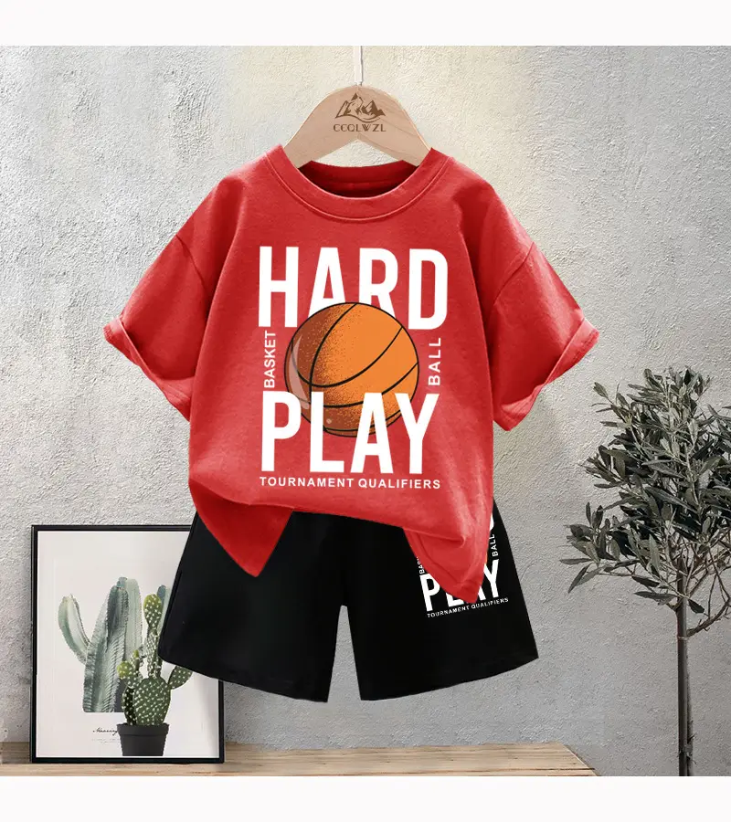 Kids Basketball Print Cotton Summer TShirt Black Shorts Set — feature 12