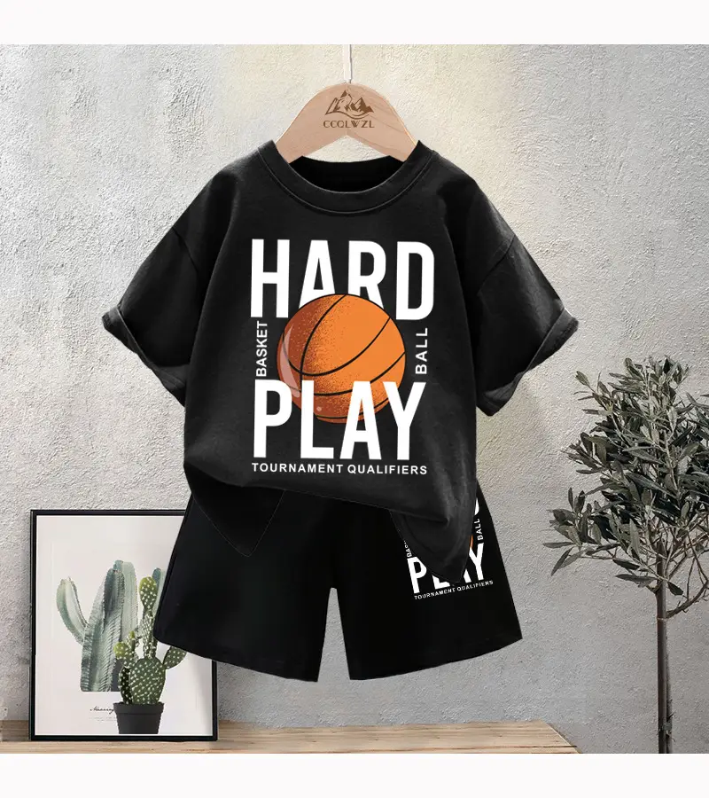 Kids Basketball Print Cotton Summer TShirt Black Shorts Set — feature 13