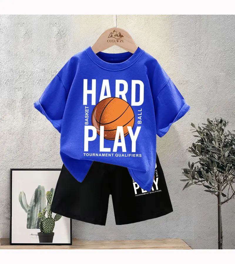 Kids Basketball Print Cotton Summer TShirt Black Shorts Set — feature 14