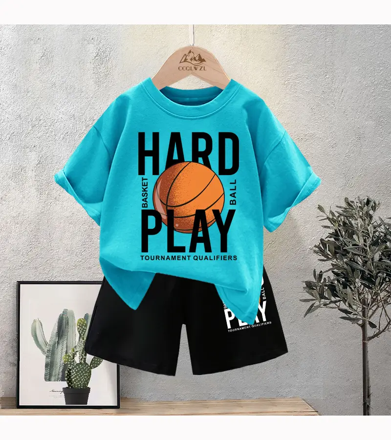 Kids Basketball Print Cotton Summer TShirt Black Shorts Set — feature 15
