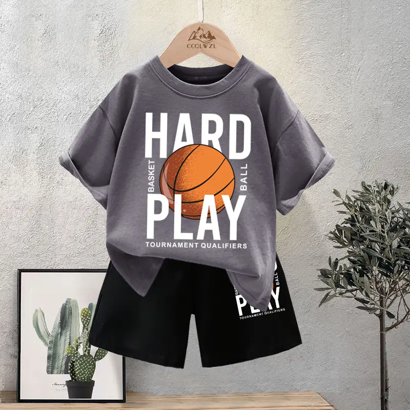 Kids Basketball Print Cotton Summer TShirt Black Shorts Set - Image 2