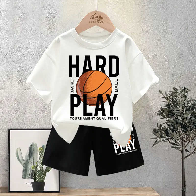Kids Basketball Print Cotton Summer TShirt Black Shorts Set - Image 3