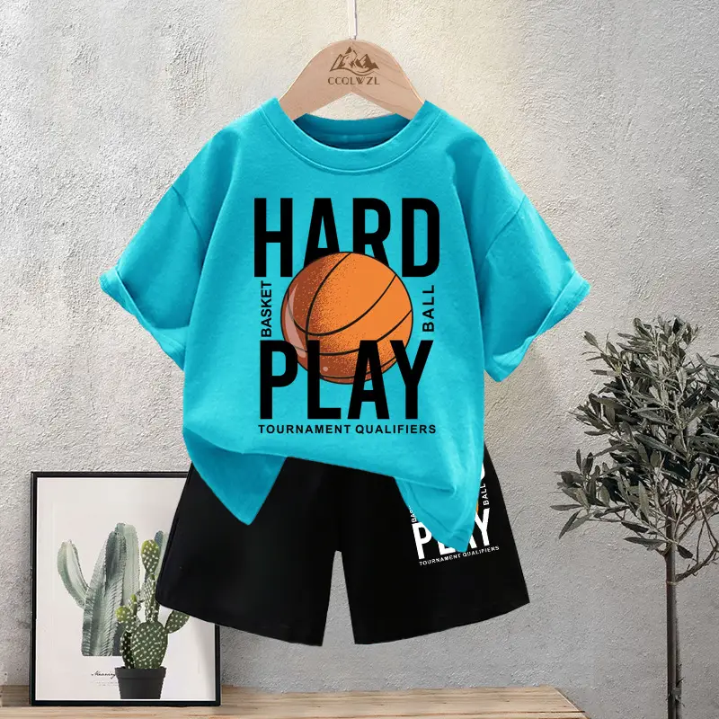 Kids Basketball Print Cotton Summer TShirt Black Shorts Set - Image 4