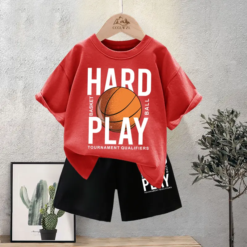 Kids Basketball Print Cotton Summer TShirt Black Shorts Set - Image 5