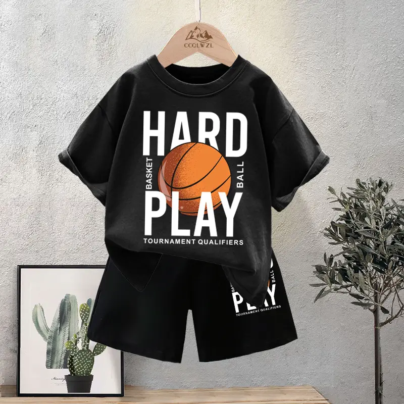 Kids Basketball Print Cotton Summer TShirt Black Shorts Set - Image 6