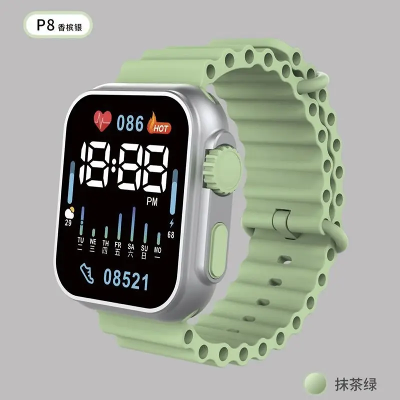LED Electronic Watch P8 Green Silicone Band — feature 1