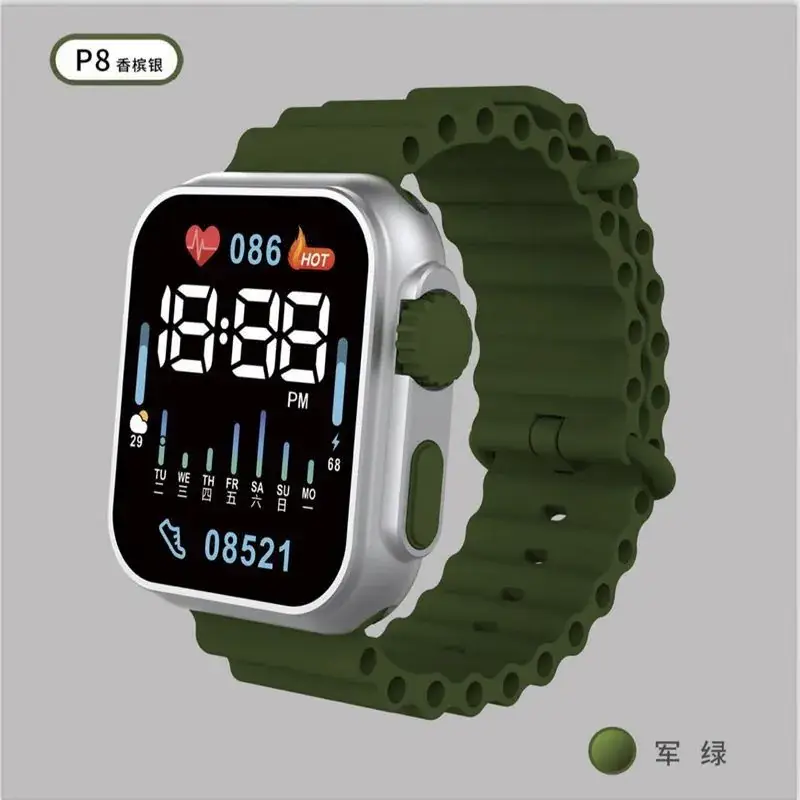LED Electronic Watch P8 Green Silicone Band - Image 6