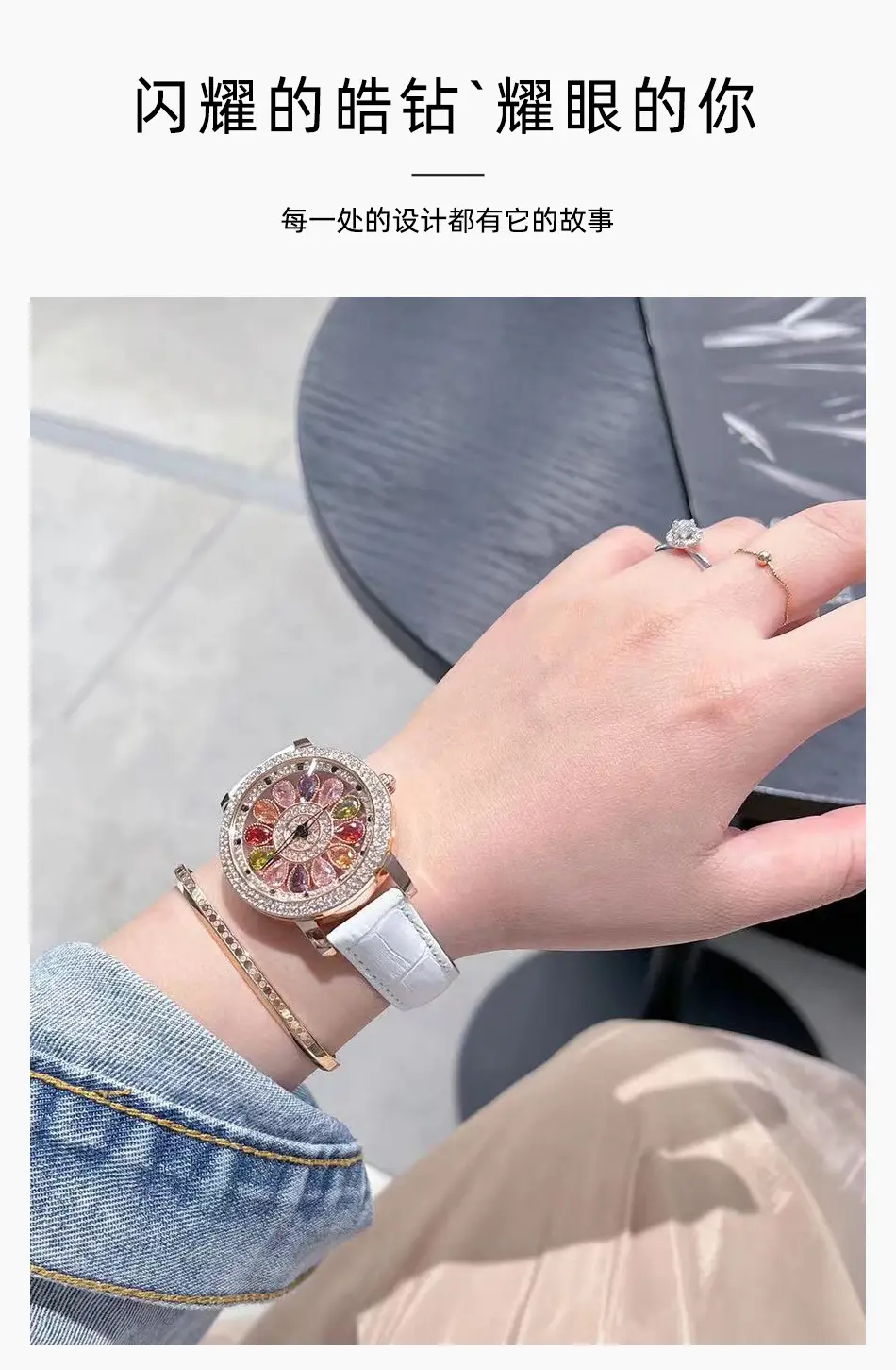 Women's Crystal Diamond Watch Brown Leather Band — feature 12