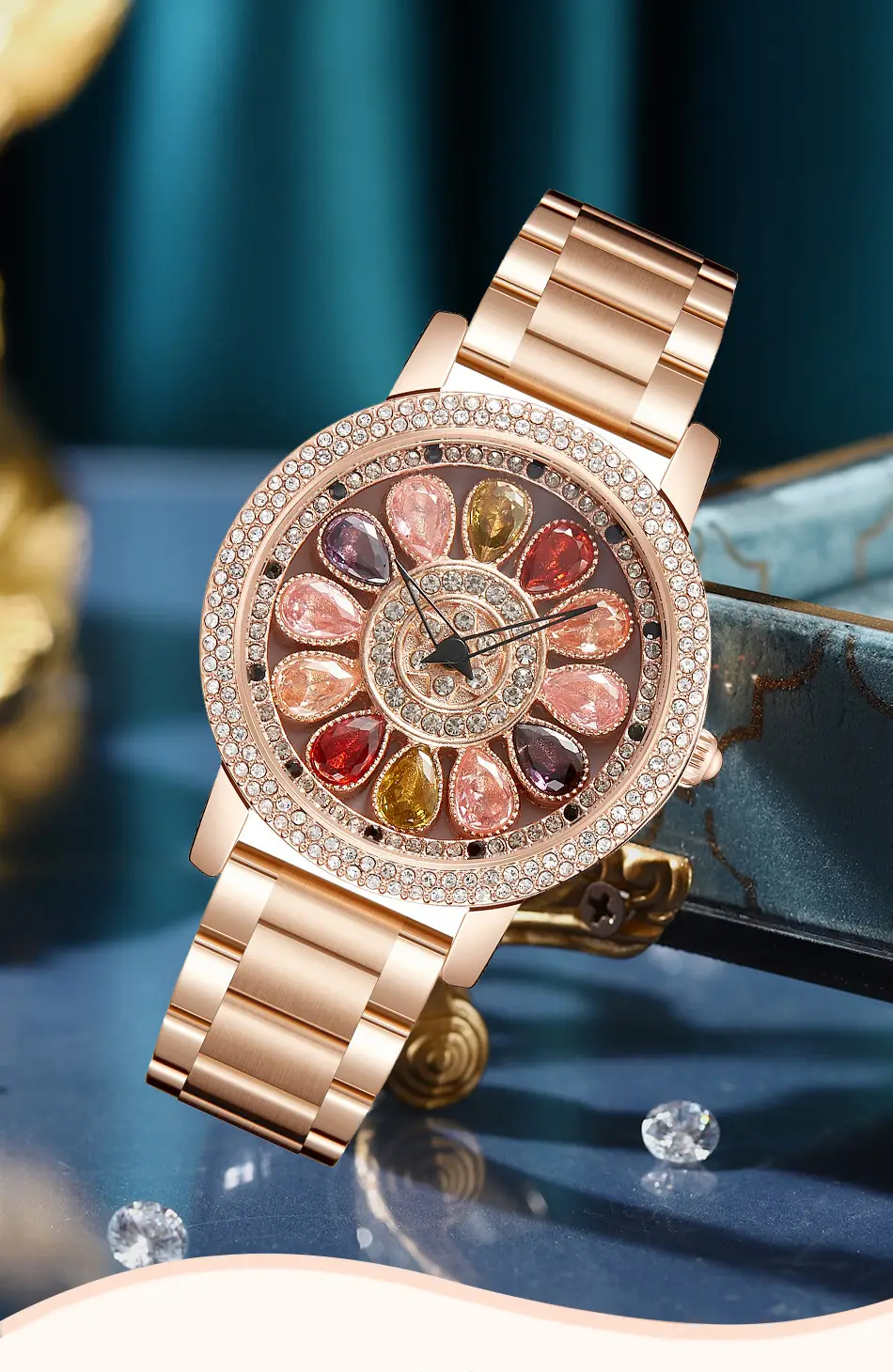 Women's Crystal Diamond Watch Brown Leather Band — feature 3