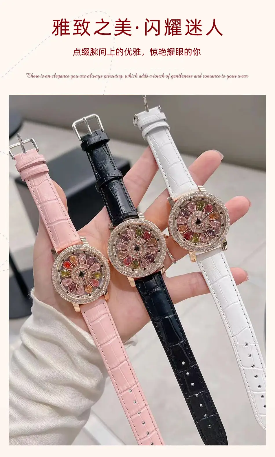 Women's Crystal Diamond Watch Brown Leather Band — feature 5