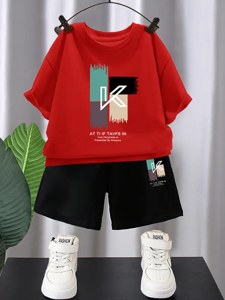 Kids Red Graphic T-Shirt & Black Shorts Set - Image 11