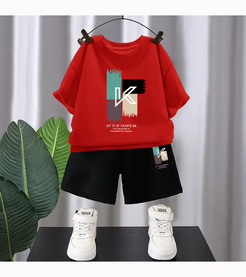 Kids Red Graphic T-Shirt & Black Shorts Set — feature 13