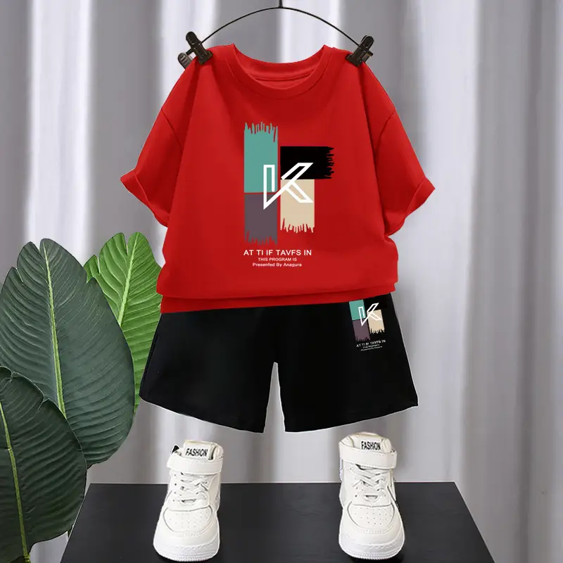 Kids Red Graphic T-Shirt & Black Shorts Set - Image 2