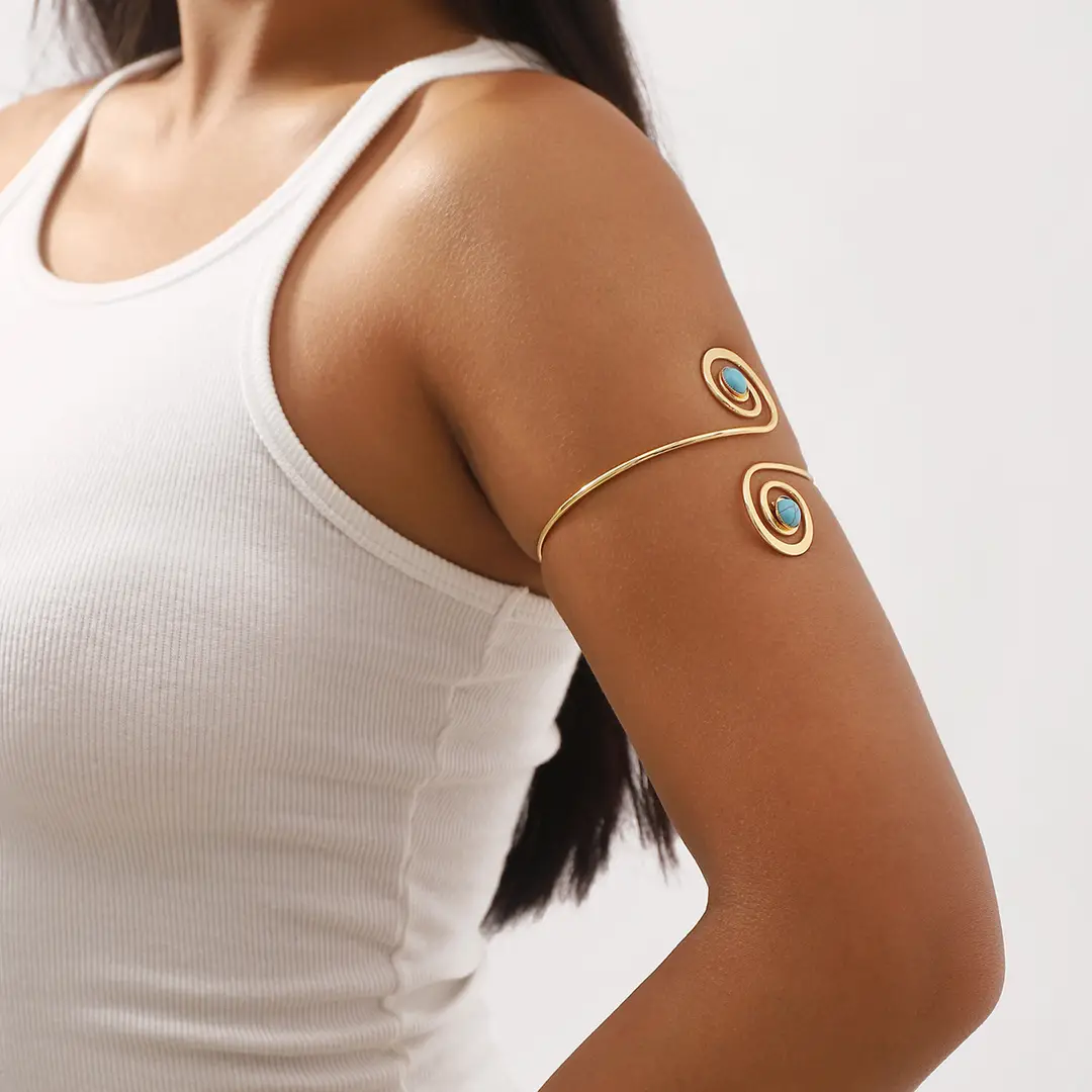 B2562 European and American hollow crescent metal open arm ring bracelet women's retro ethnic spiral turquoise bracelet