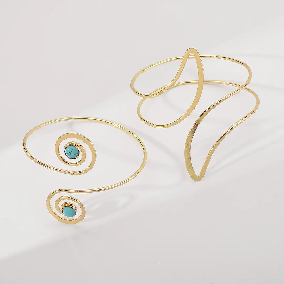 B2562 European and American hollow crescent metal open arm ring bracelet women's retro ethnic spiral turquoise bracelet — feature 4