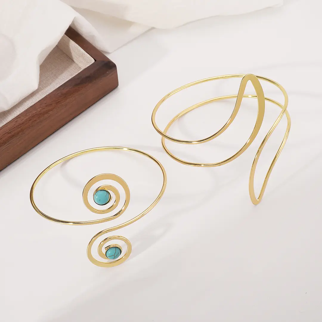 B2562 European and American hollow crescent metal open arm ring bracelet women's retro ethnic spiral turquoise bracelet — feature 6