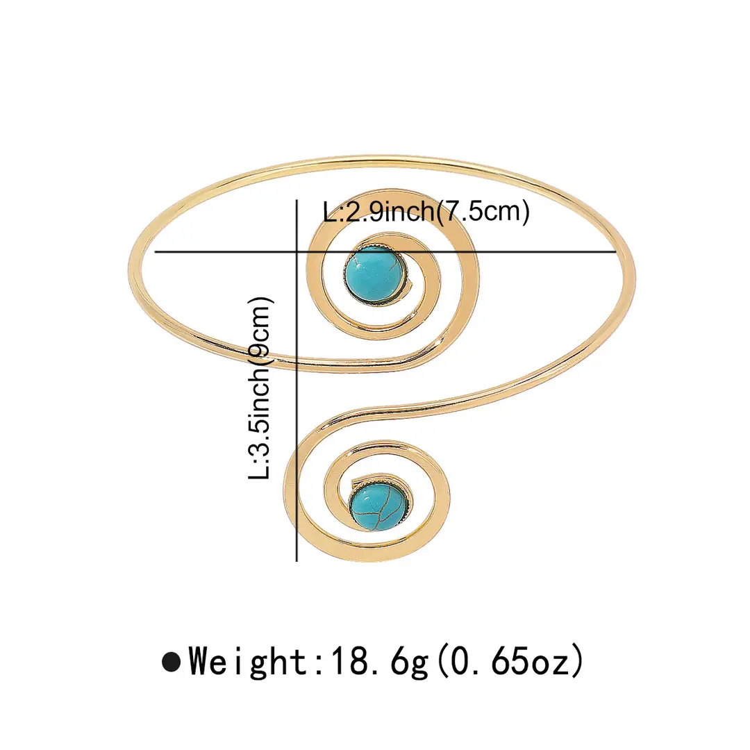 B2562 European and American hollow crescent metal open arm ring bracelet women's retro ethnic spiral turquoise bracelet — feature 8