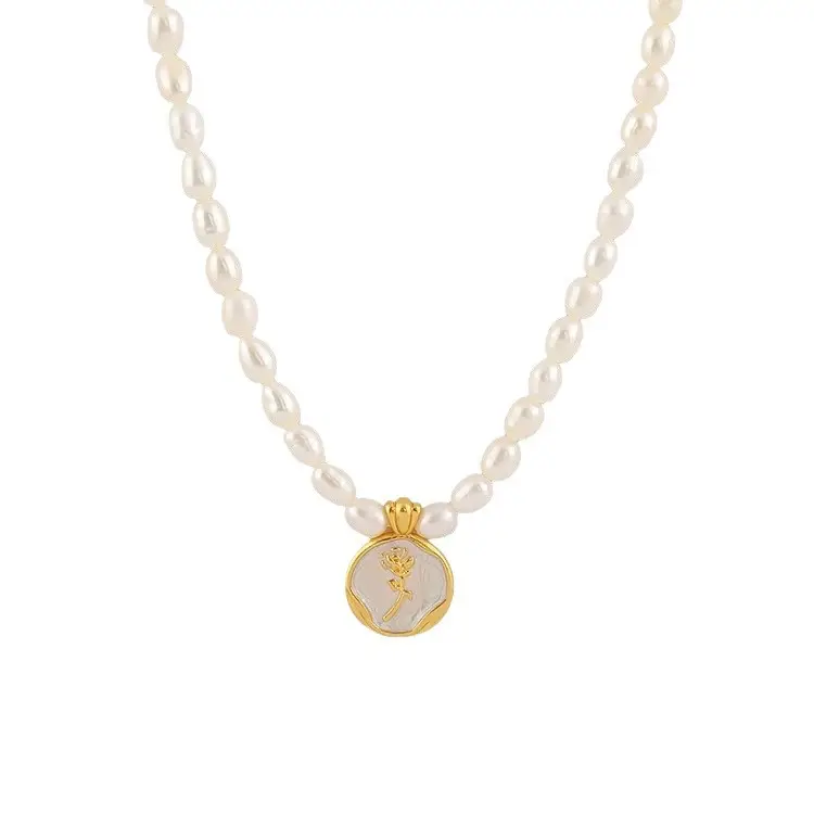 French Elegant Pearl Necklace with Vintage Rose Gold Pendant