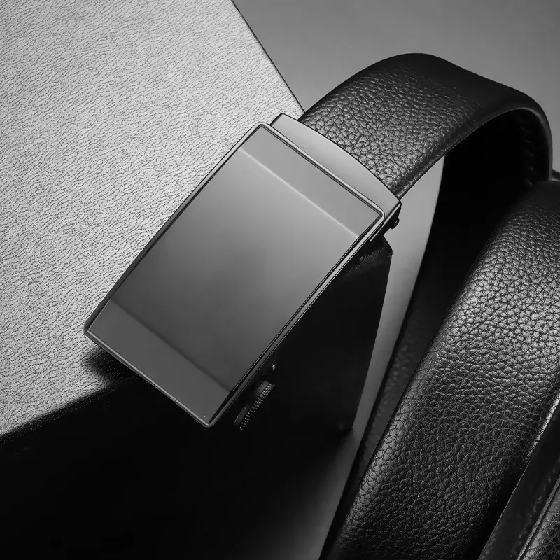 Men's Black Leather Belt with Automatic Buckle
