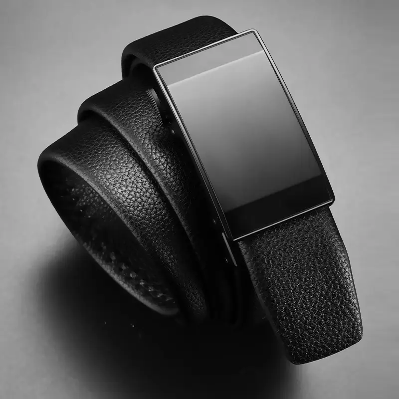 Men's Black Leather Belt with Automatic Buckle