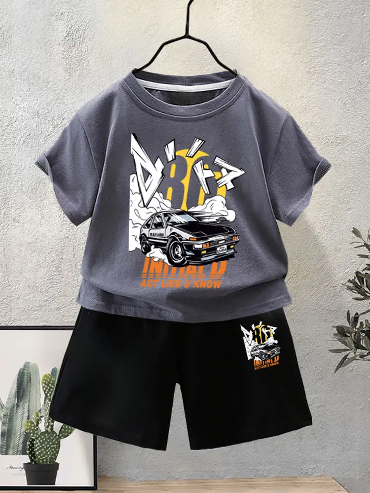 Blue Motorcycle Graphic Boys T-Shirt Shorts Set 2024