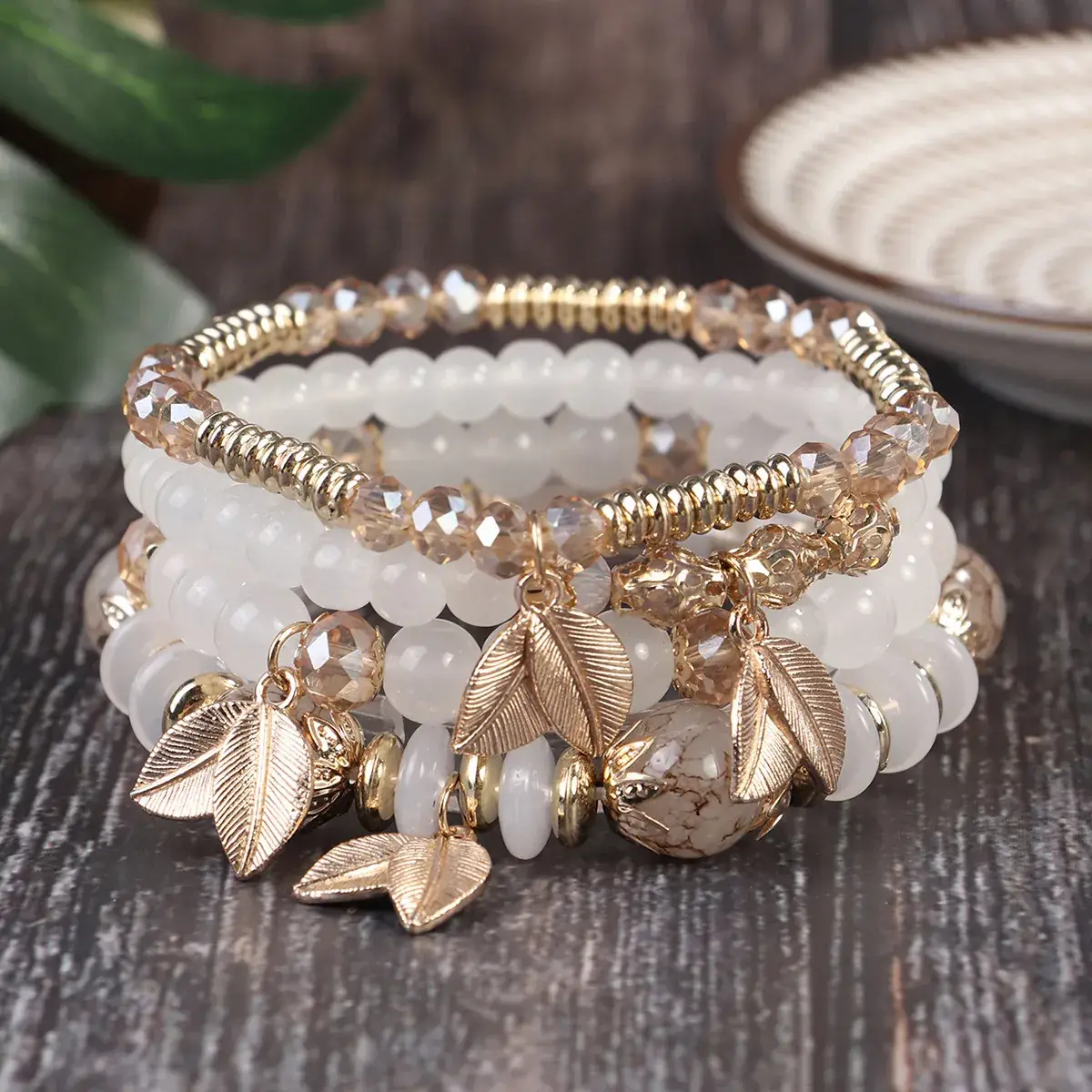 Pink Beaded Multi Layer Bracelet with Gold Leaf Pendants - Image 37