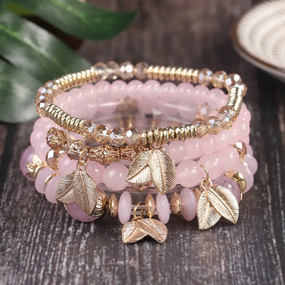 Pink Beaded Multi Layer Bracelet with Gold Leaf Pendants - Image 38