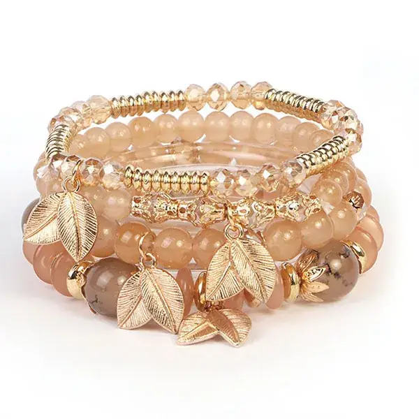 Pink Beaded Multi Layer Bracelet with Gold Leaf Pendants - Image 40