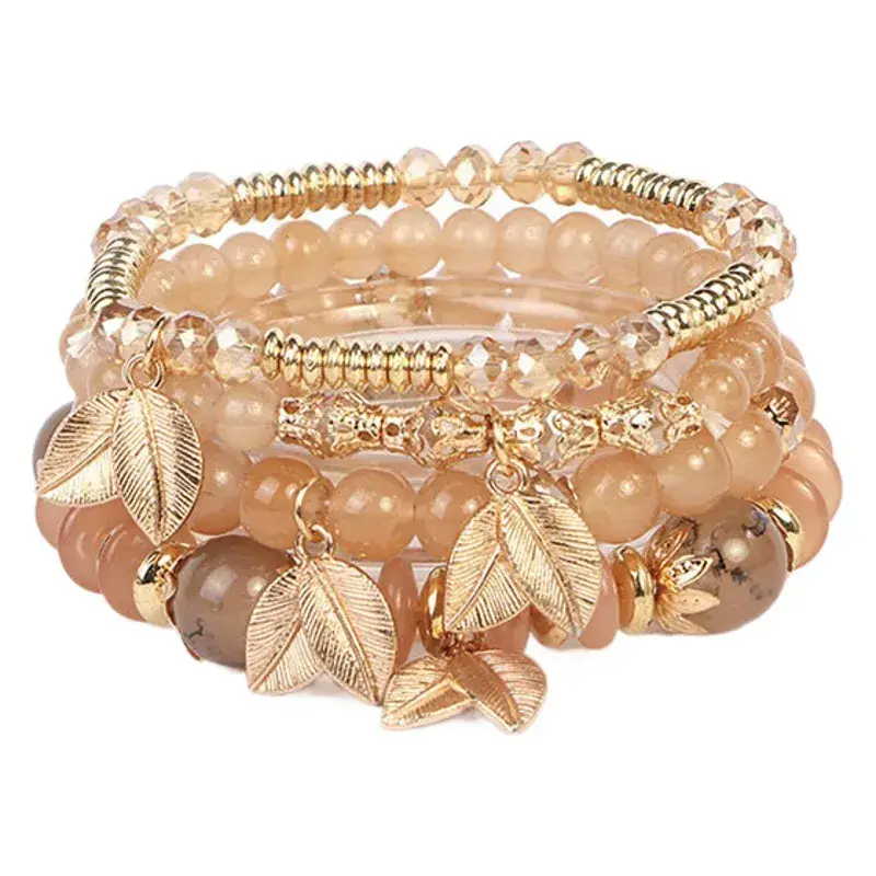 Pink Beaded Multi Layer Bracelet with Gold Leaf Pendants