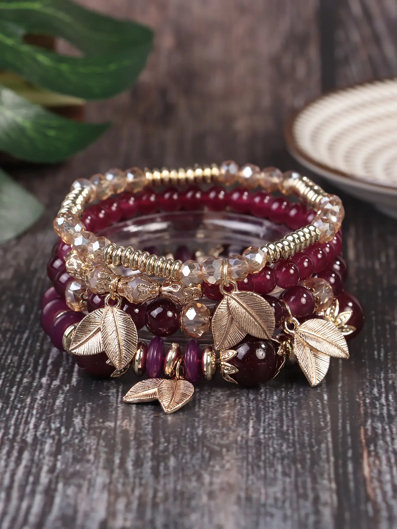 Pink Beaded Multi Layer Bracelet with Gold Leaf Pendants — feature 3