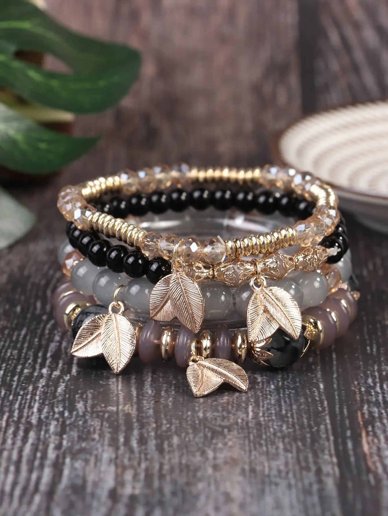 Pink Beaded Multi Layer Bracelet with Gold Leaf Pendants — feature 4