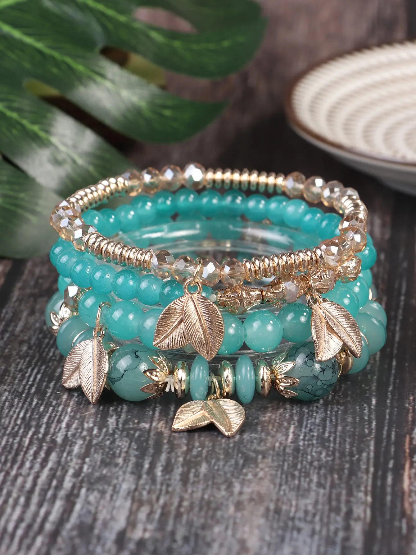 Pink Beaded Multi Layer Bracelet with Gold Leaf Pendants — feature 5