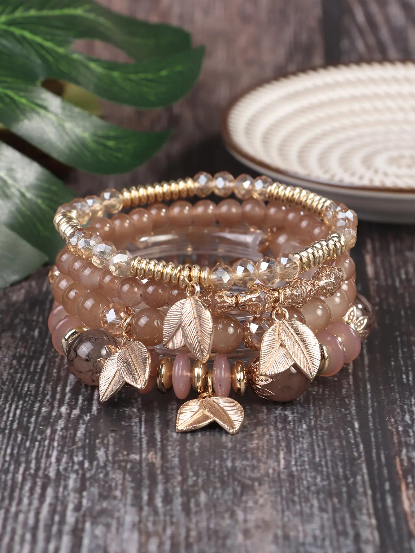 Pink Beaded Multi Layer Bracelet with Gold Leaf Pendants — feature 6