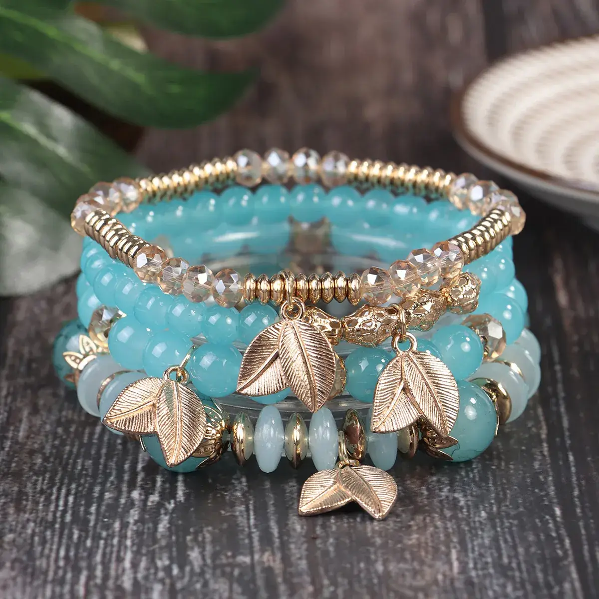 Pink Beaded Multi Layer Bracelet with Gold Leaf Pendants - Image 10