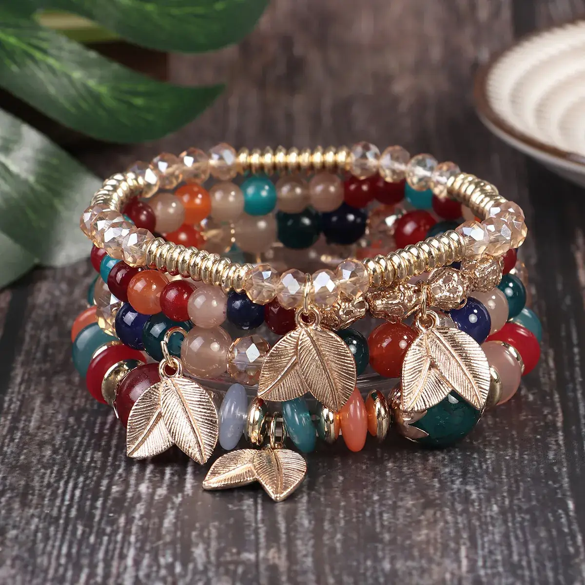 Pink Beaded Multi Layer Bracelet with Gold Leaf Pendants - Image 11