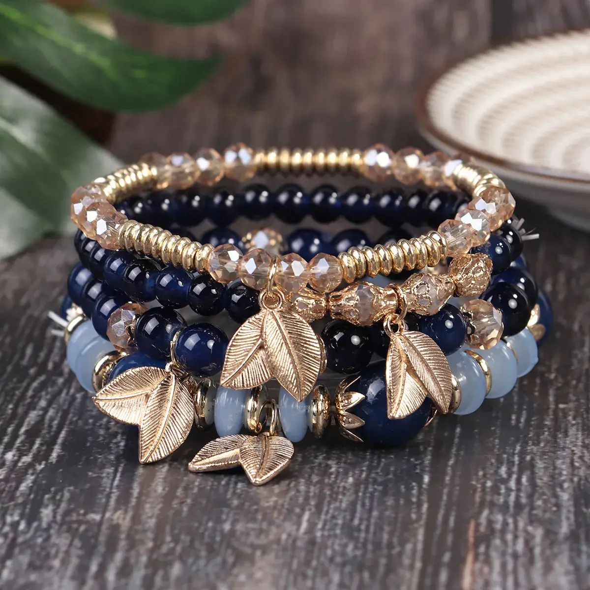 Pink Beaded Multi Layer Bracelet with Gold Leaf Pendants - Image 12