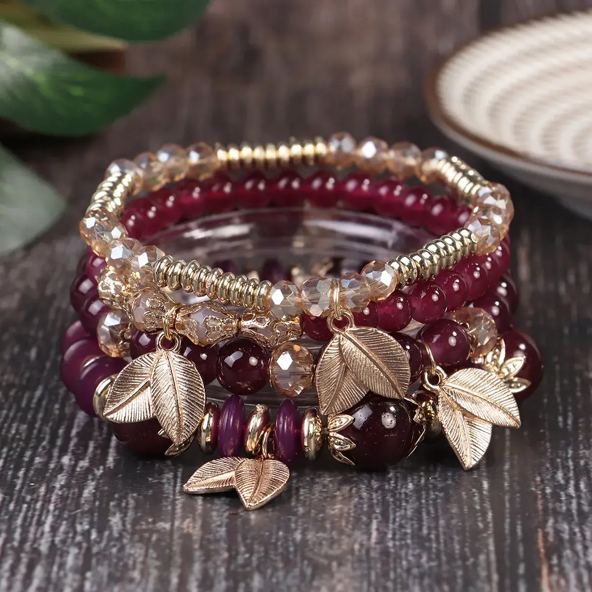 Pink Beaded Multi Layer Bracelet with Gold Leaf Pendants - Image 14