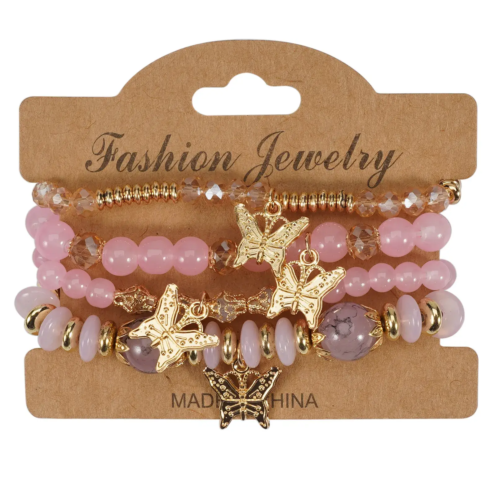 Pink Beaded Multi Layer Bracelet with Gold Leaf Pendants - Image 19