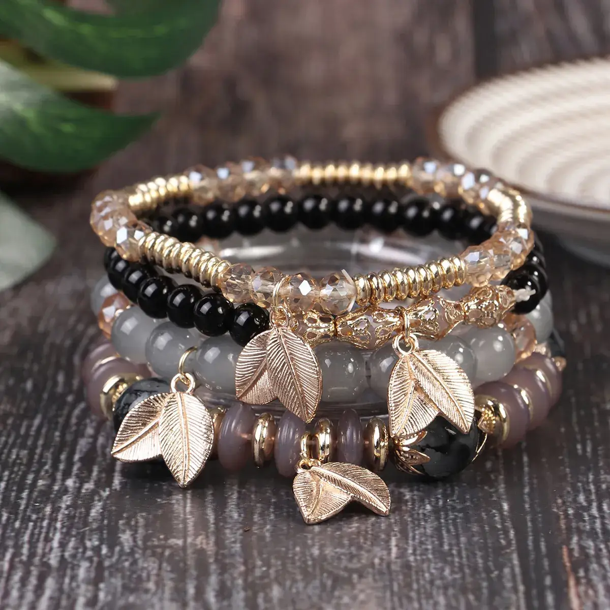 Pink Beaded Multi Layer Bracelet with Gold Leaf Pendants - Image 2