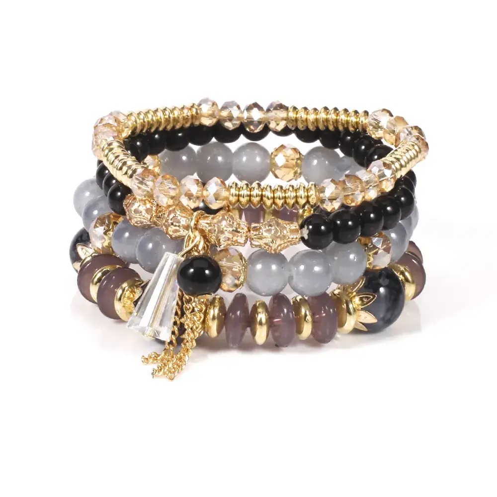 Pink Beaded Multi Layer Bracelet with Gold Leaf Pendants - Image 22